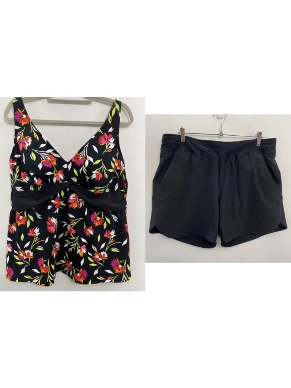 Lands End Swimsuit Tankini Swim Shorts Set Floral Black Womens 16